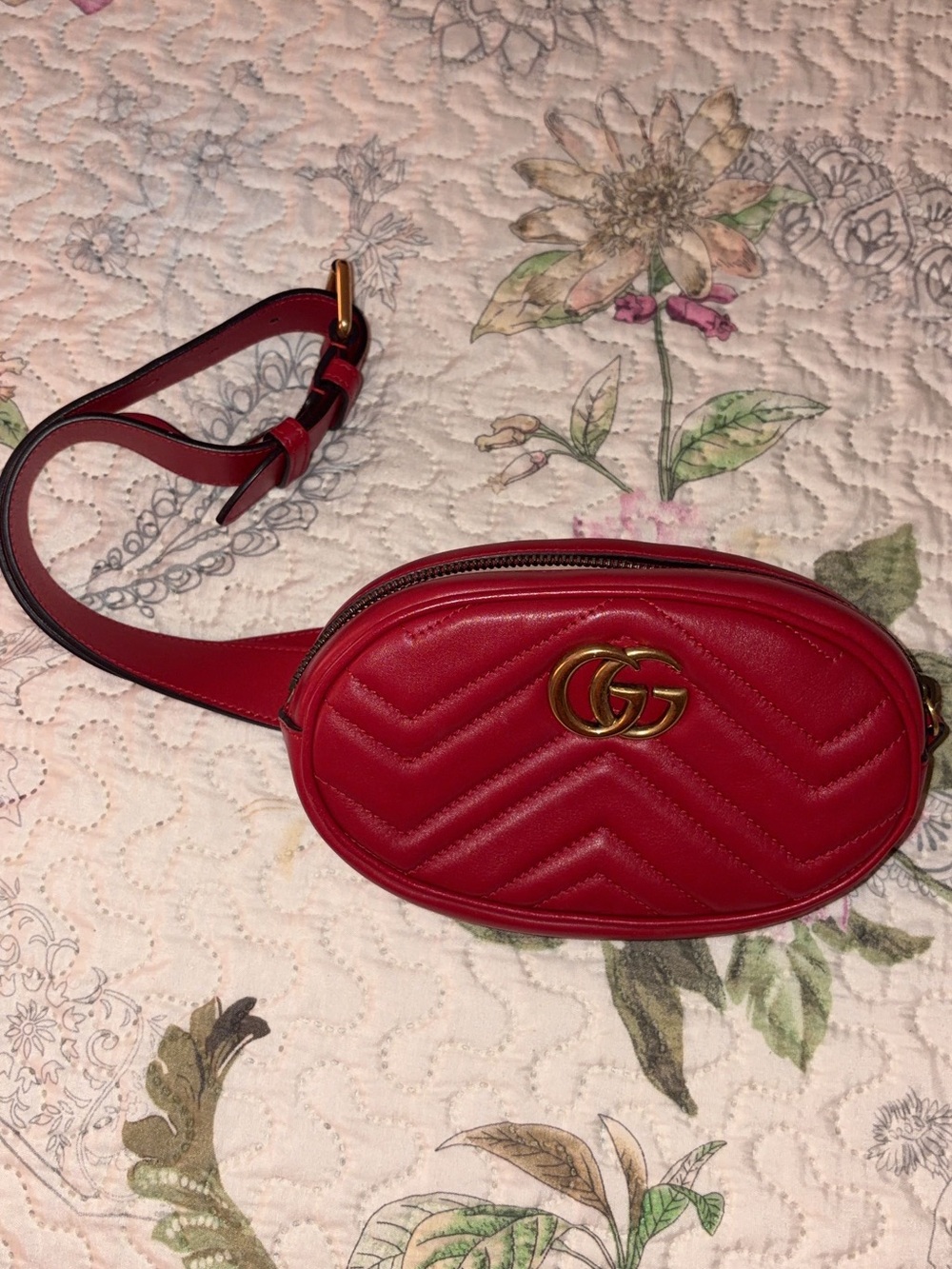 Gucci Red Quilted Leather Belt Bag with Gold Double-G Logo